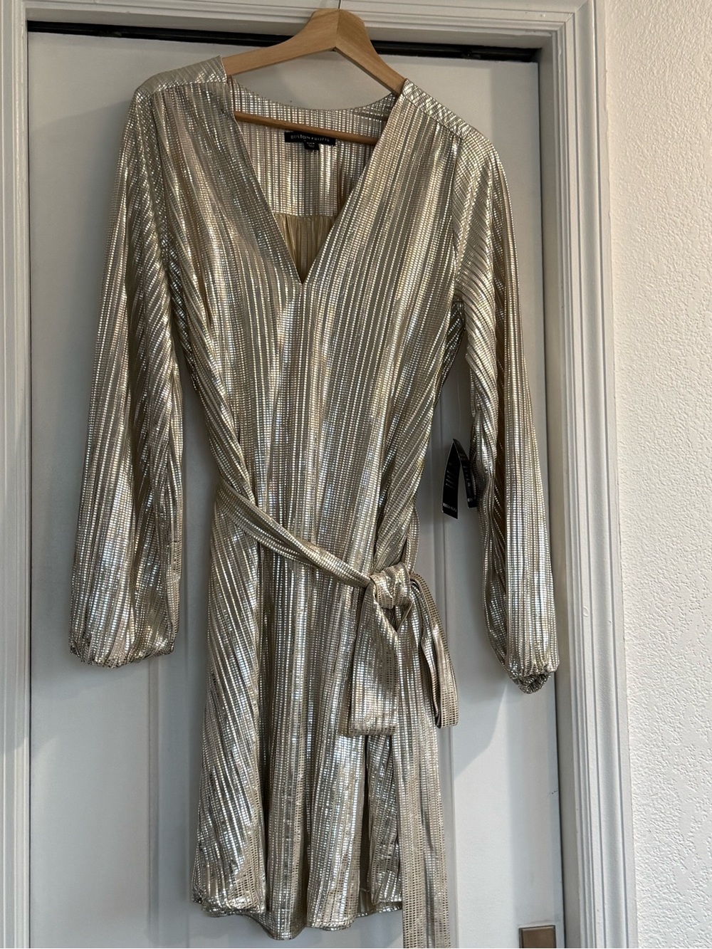 Boston Proper Metallic Gold Long Sleeve Wrap Dress